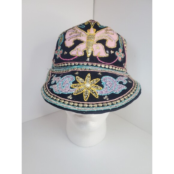 Vintage Womens Beaded Aplique Wide Brim Baseball Cap Hat Made In Burma Sz L main image 5